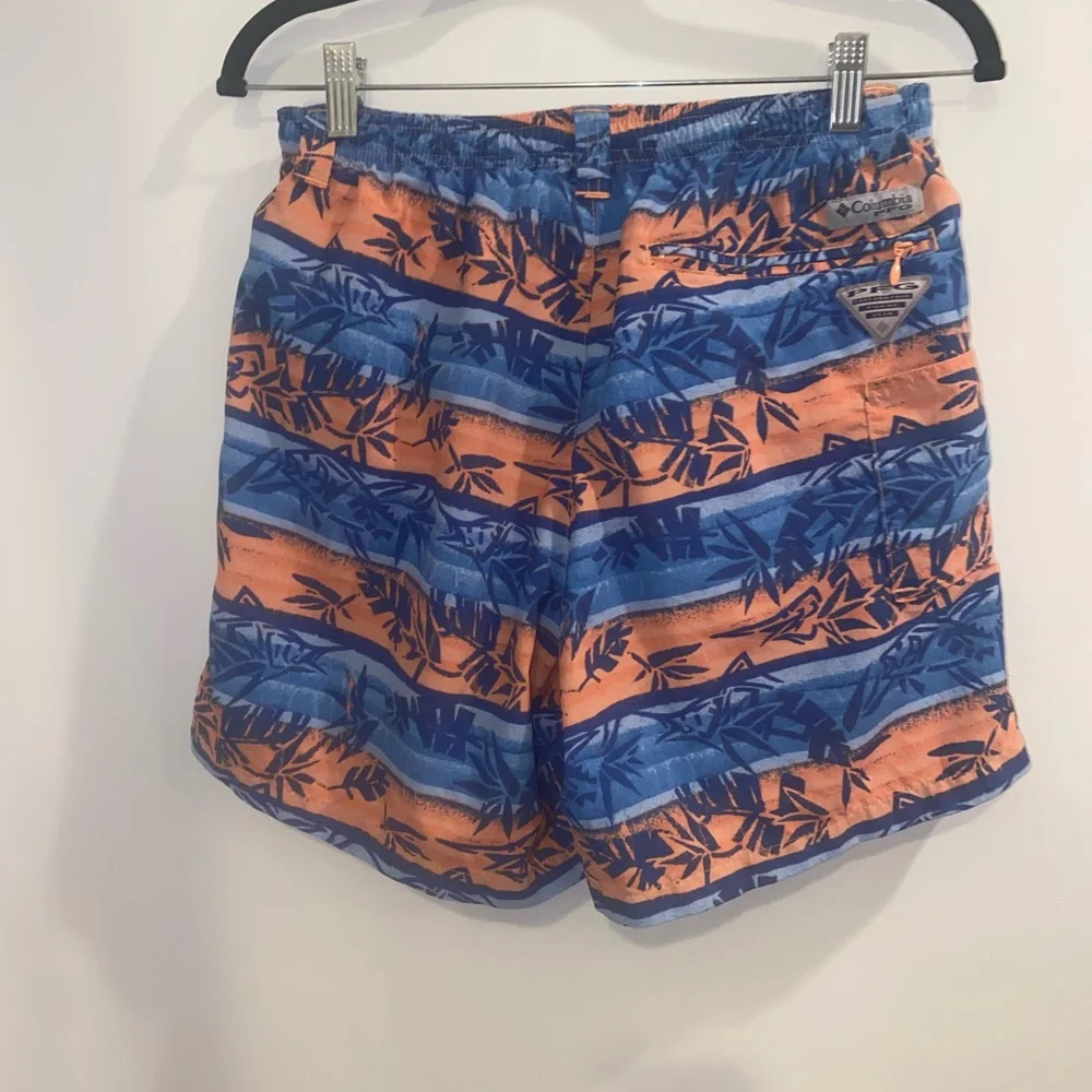 Columbia PFG Swim Trunks Omni-Shade Palm Print Blue Orange | Men’s Small